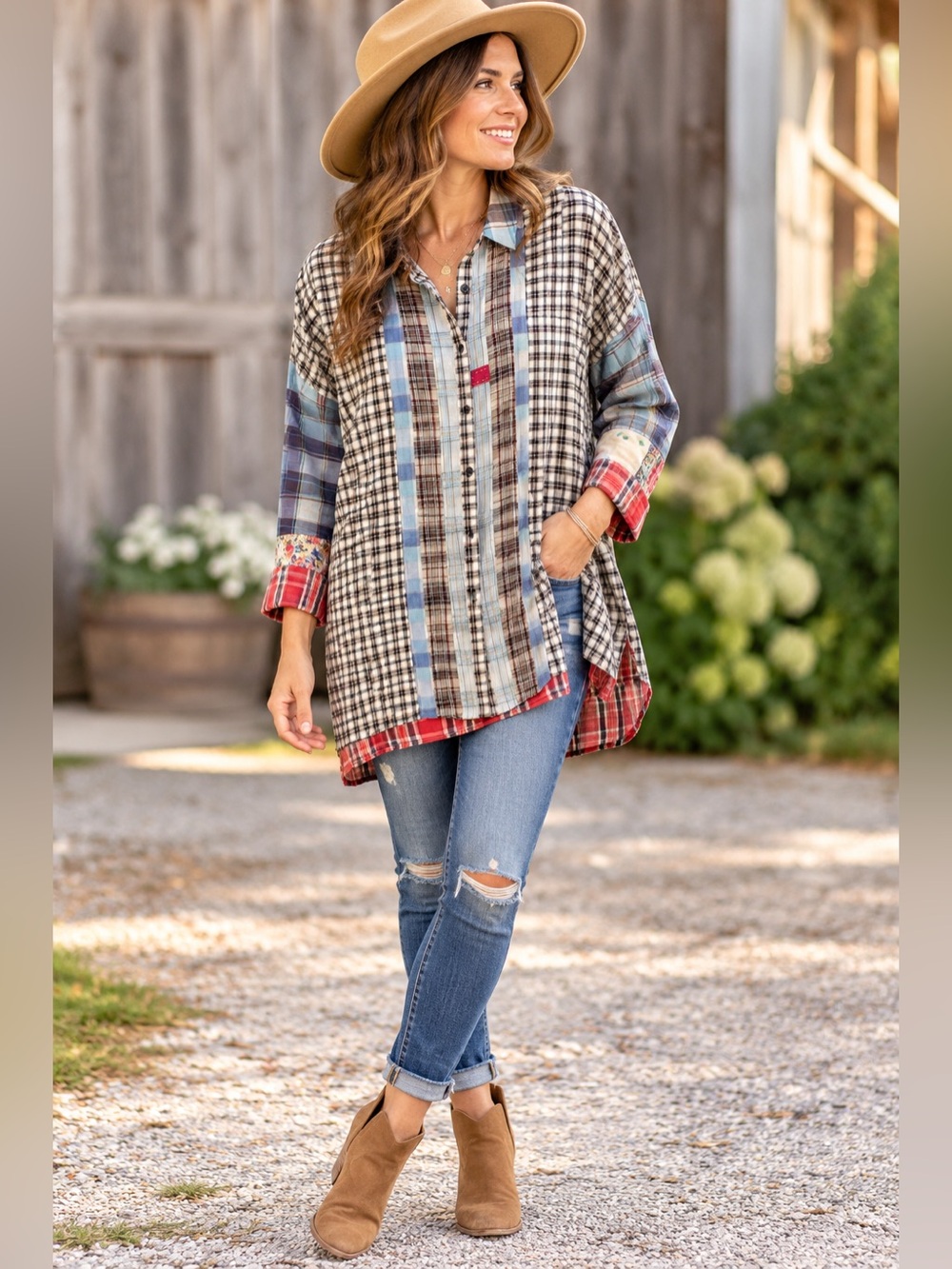 Johnny Was Plaid Patchwork Button Down Tunic Shirt XS Cotton Boho